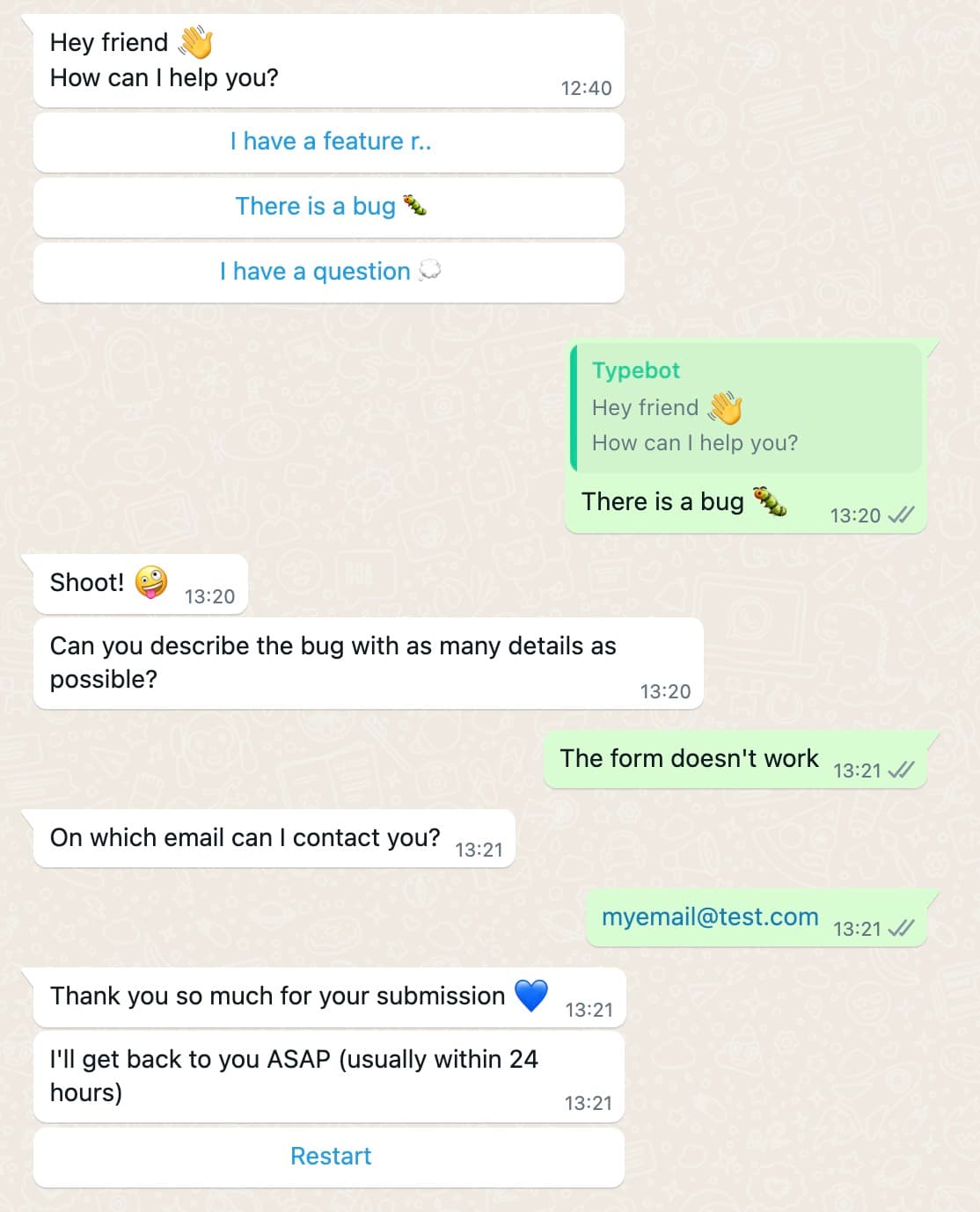 WhatsApp result of the chatbot flow example